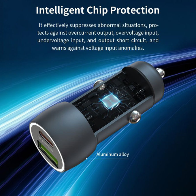 Autonabíječka Extreme Speed USB-C + USB-A, PD 30W, QC 3.0 18W, šedá, Devia