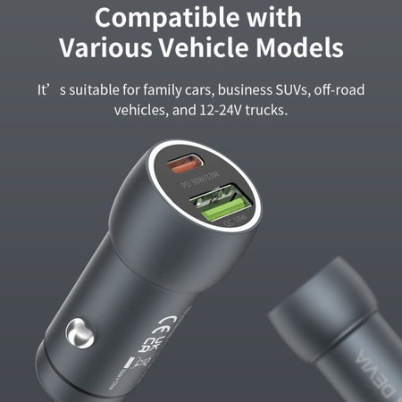 Autonabíječka Extreme Speed USB-C + USB-A, PD 30W, QC 3.0 18W, šedá, Devia
