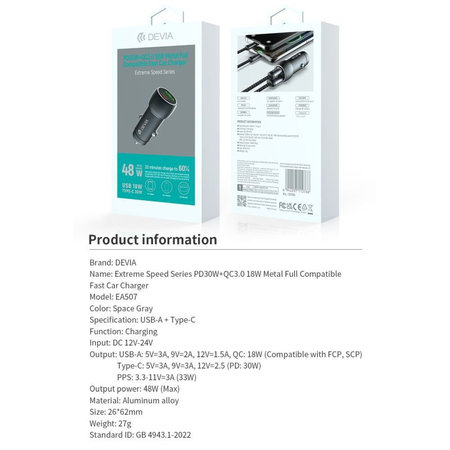 Autonabíječka Extreme Speed USB-C + USB-A, PD 30W, QC 3.0 18W, šedá, Devia