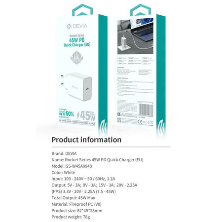Nabíjecí adaptér Rocket USB-C, PD 45W, bílá, Devia