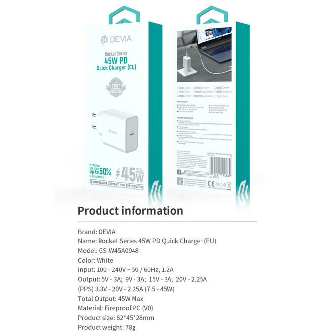 Nabíjecí adaptér Rocket USB-C, PD 45W, bílá, Devia
