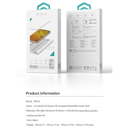 Tvrzené sklo FullCover s aplikátorem pro iPhone 17, Devia