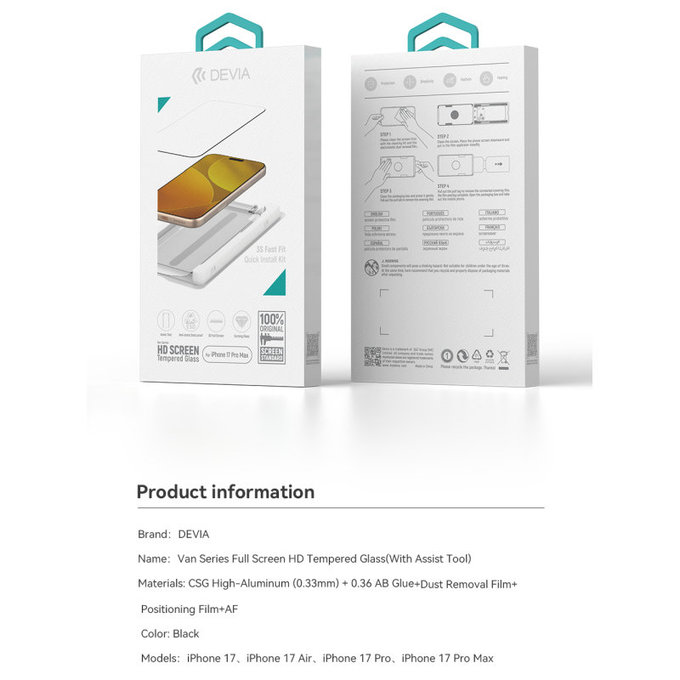 Tvrzené sklo FullCover s aplikátorem pro iPhone 17 Pro Max, Devia
