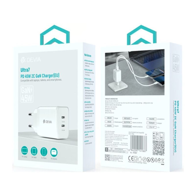 Nabíjecí adaptér Ultra7, 2x USB-C, PD 45W, bílá, Devia