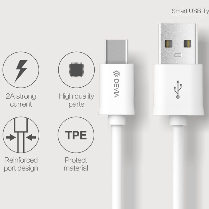 USB / USB-C kabel Smart, 2.1A, 1m, bílá, Devia