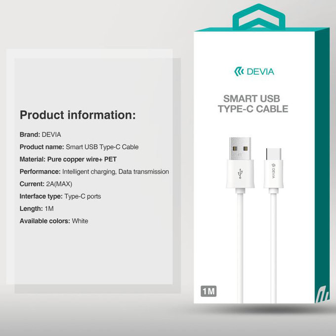 USB / USB-C kabel Smart, 2.1A, 1m, bílá, Devia