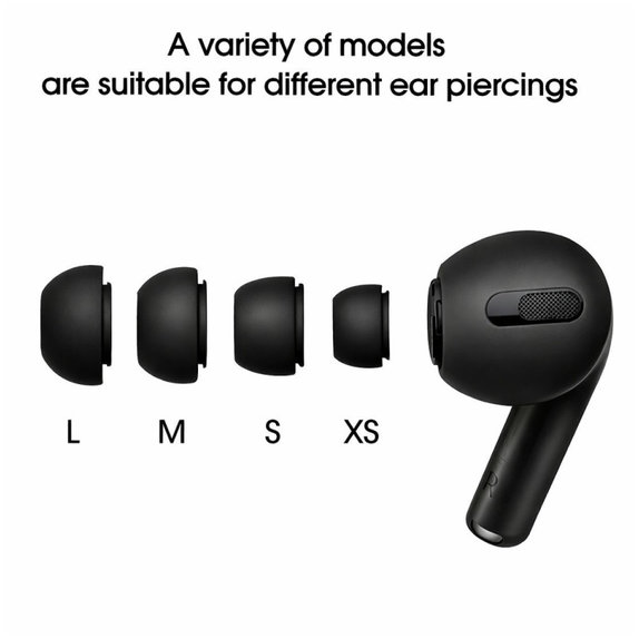 Náhradní silikonové špunty do uší pro Apple AirPods Pro a Pro 2, sada (L, M, S, XS), černé