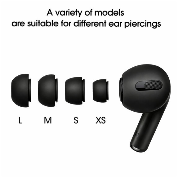 Náhradní silikonové špunty do uší pro Apple AirPods Pro a Pro 2, sada (L, M, S, XS), černé