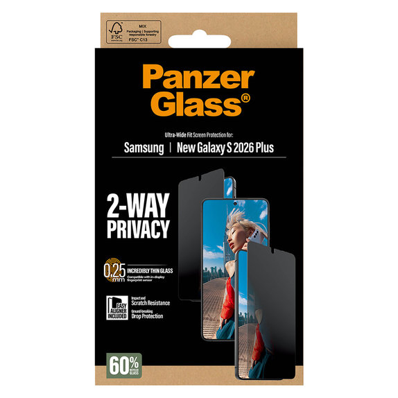 Tvrzené sklo UWF 2-Way Privacy s aplikátorem pro Samsung Galaxy S26+, Čirá, PanzerGlass