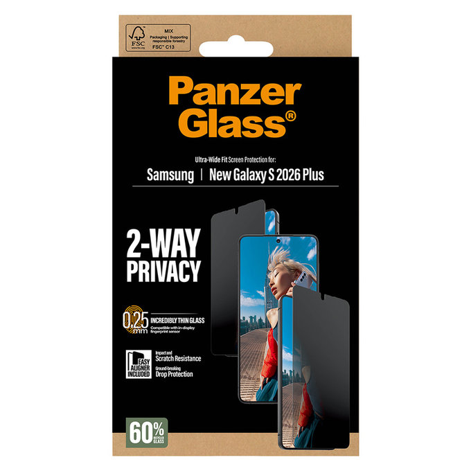Tvrzené sklo UWF 2-Way Privacy s aplikátorem pro Samsung Galaxy S26+, Čirá, PanzerGlass