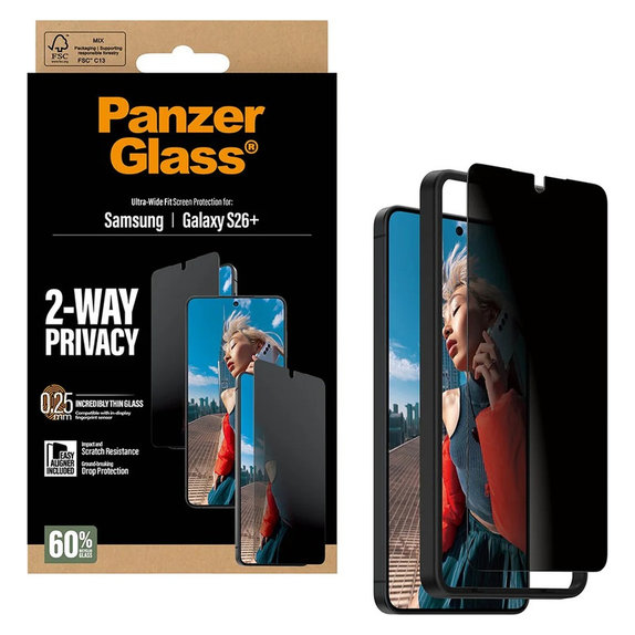Tvrzené sklo UWF 2-Way Privacy s aplikátorem pro Samsung Galaxy S26+, Čirá, PanzerGlass