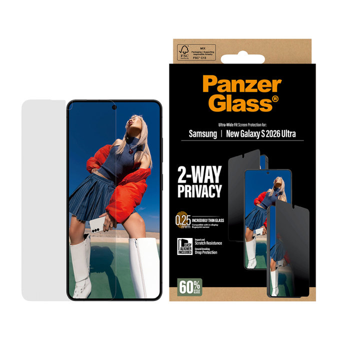 PanzerGlass - Tvrzené sklo UWF 2-Way Privacy s aplikátorem pro Samsung Galaxy S26 Ultra, čiré