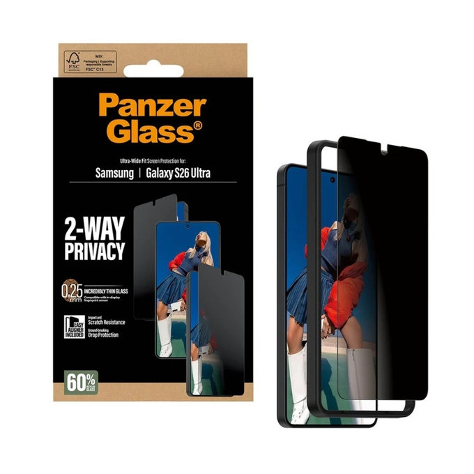 PanzerGlass - Tvrzené sklo UWF 2-Way Privacy s aplikátorem pro Samsung Galaxy S26 Ultra, čiré