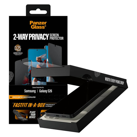 Tvrzené sklo UWF 2-Way Privacy s Fastfit In-A-Box pro Samsung Galaxy S26, Čirá, PanzerGlass