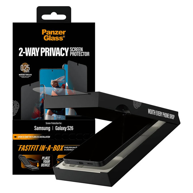 Tvrzené sklo UWF 2-Way Privacy s Fastfit In-A-Box pro Samsung Galaxy S26, Čirá, PanzerGlass