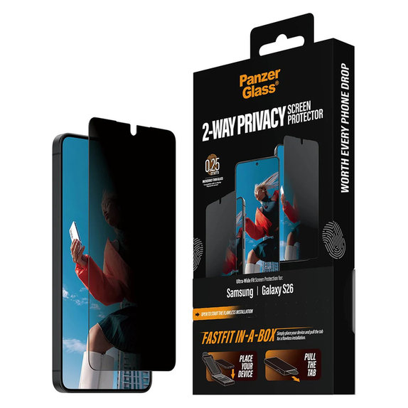 Tvrzené sklo UWF 2-Way Privacy s Fastfit In-A-Box pro Samsung Galaxy S26, Čirá, PanzerGlass