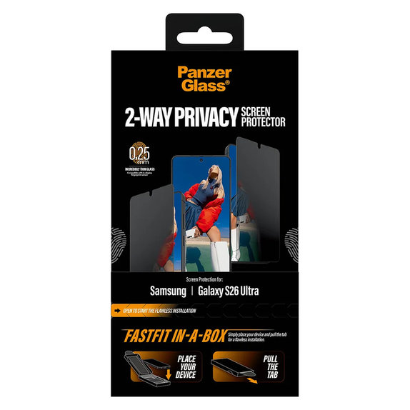 Tvrzené sklo UWF 2-Way Privacy s Fastfit In-A-Box pro Samsung Galaxy S26 Ultra, Čirá, PanzerGlass