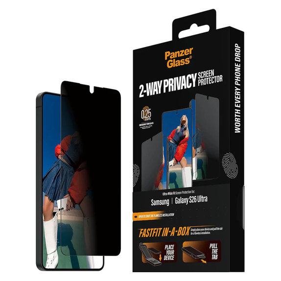 Tvrzené sklo UWF 2-Way Privacy s Fastfit In-A-Box pro Samsung Galaxy S26 Ultra, Čirá, PanzerGlass