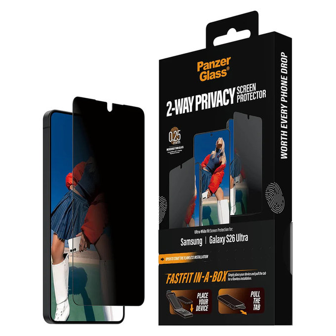 Tvrzené sklo UWF 2-Way Privacy s Fastfit In-A-Box pro Samsung Galaxy S26 Ultra, Čirá, PanzerGlass