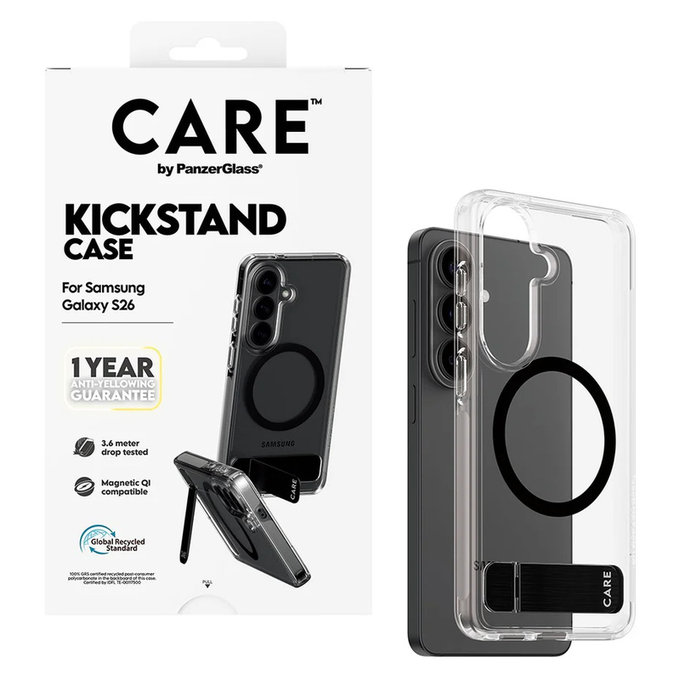 Pouzdro Kickstand s černým QI pro Samsung Galaxy S26, Transparentní, PanzerGlass