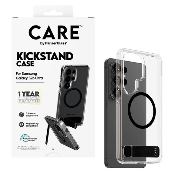 Pouzdro Kickstand s černým QI pro Samsung Galaxy S26 Ultra, Transparentní, PanzerGlass