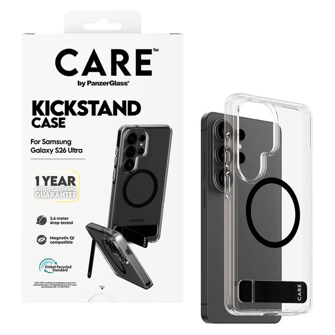 Pouzdro Kickstand s černým QI pro Samsung Galaxy S26 Ultra, Transparentní, PanzerGlass