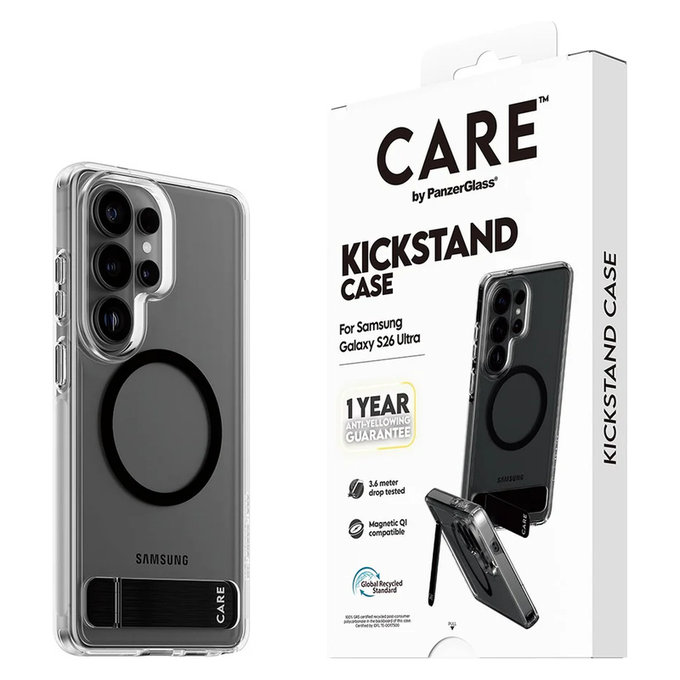 Pouzdro Kickstand s černým QI pro Samsung Galaxy S26 Ultra, Transparentní, PanzerGlass