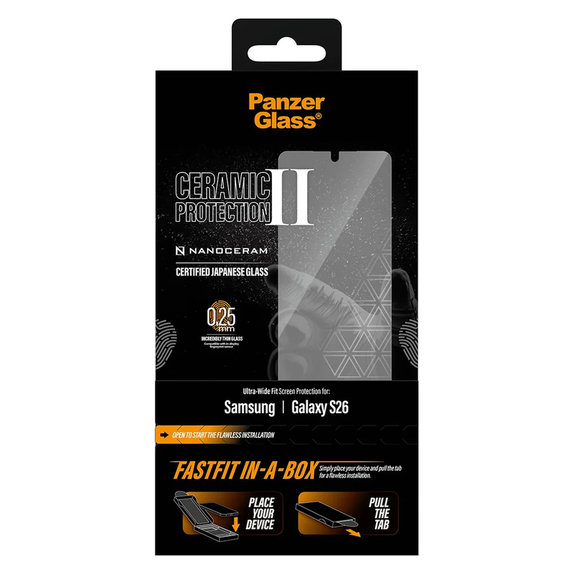Tvrzené sklo UWF Ceramic s Fastfit In-A-Box pro Samsung Galaxy S26, Čirá, PanzerGlass