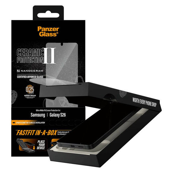 Tvrzené sklo UWF Ceramic s Fastfit In-A-Box pro Samsung Galaxy S26, Čirá, PanzerGlass
