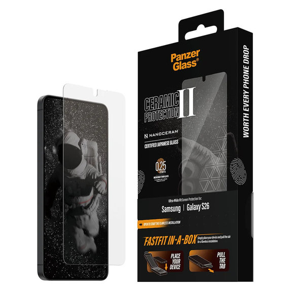 Tvrzené sklo UWF Ceramic s Fastfit In-A-Box pro Samsung Galaxy S26, Čirá, PanzerGlass