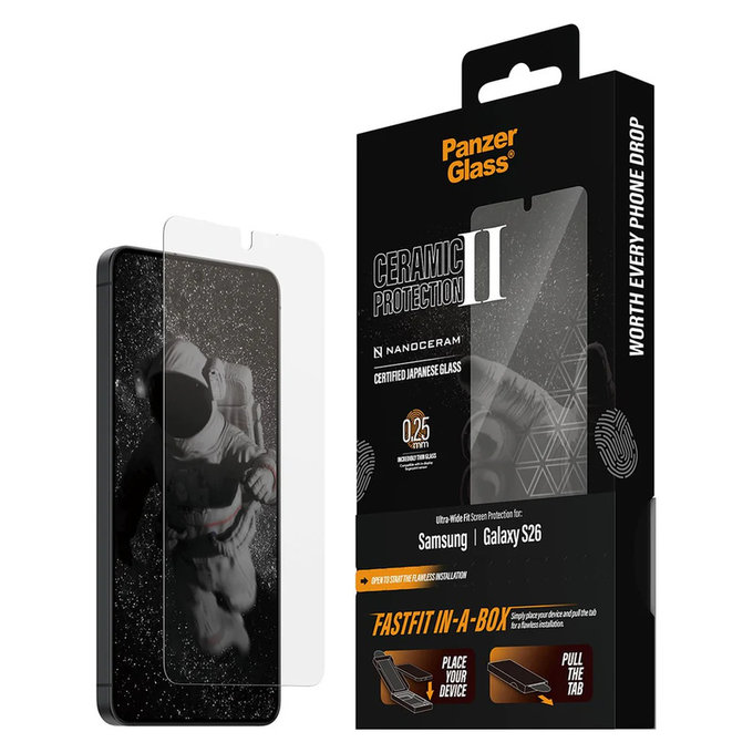 Tvrzené sklo UWF Ceramic s Fastfit In-A-Box pro Samsung Galaxy S26, Čirá, PanzerGlass