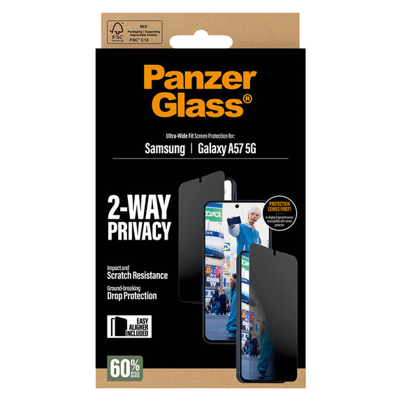 Tvrzené sklo UWF Privacy s aplikátorem pro Samsung Galaxy A57, Čirá, PanzerGlass