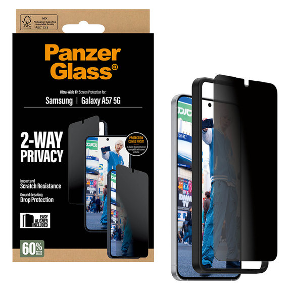 Tvrzené sklo UWF Privacy s aplikátorem pro Samsung Galaxy A57, Čirá, PanzerGlass