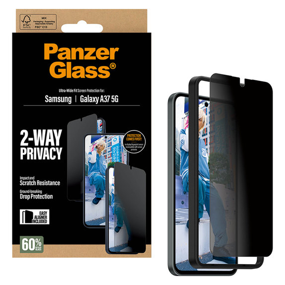 Tvrzené sklo UWF Privacy s aplikátorem pro Samsung Galaxy A37, Čirá, PanzerGlass