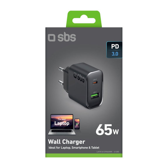 Cestovní adaptér USB-A/USB-C, GaN, 65 W PD, černá, SBS