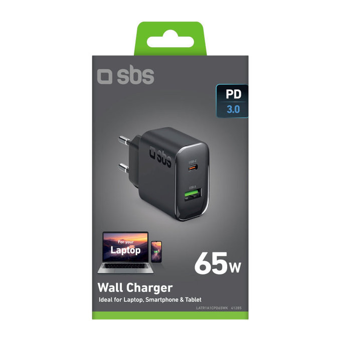 Cestovní adaptér USB-A/USB-C, GaN, 65 W PD, černá, SBS