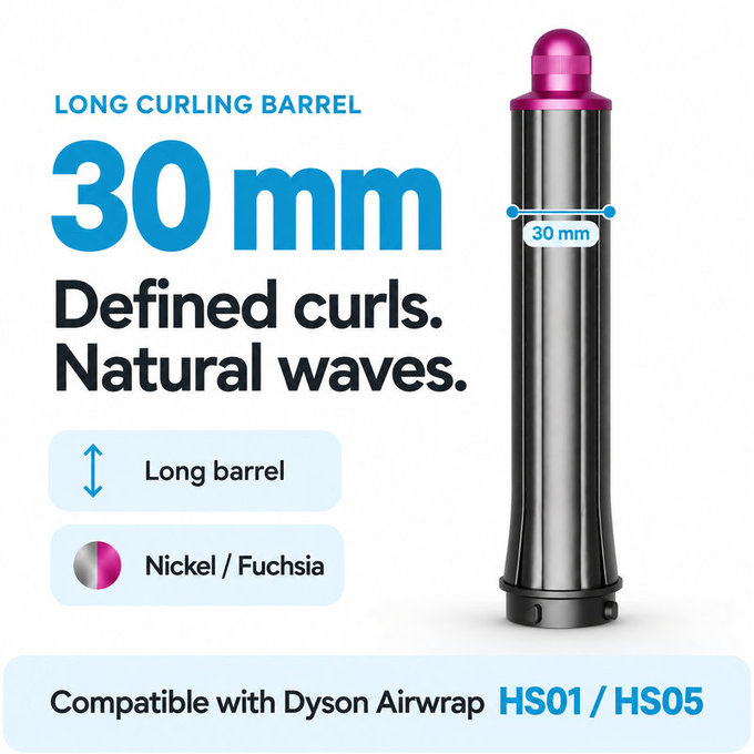 Dlouhý kulmovací nástavec pro Dyson Airwrap HS01, HS05, 30 mm, Nickel / Fuchsia
