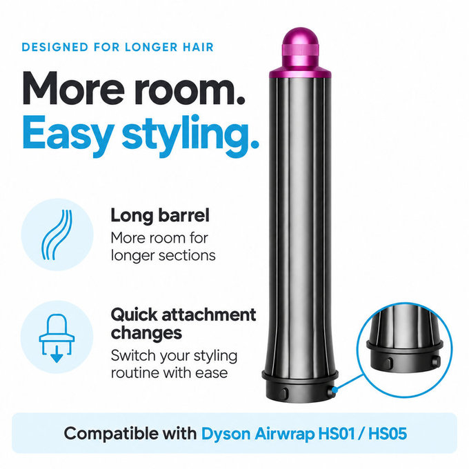 Dlouhý kulmovací nástavec pro Dyson Airwrap HS01, HS05, 30 mm, Nickel / Fuchsia