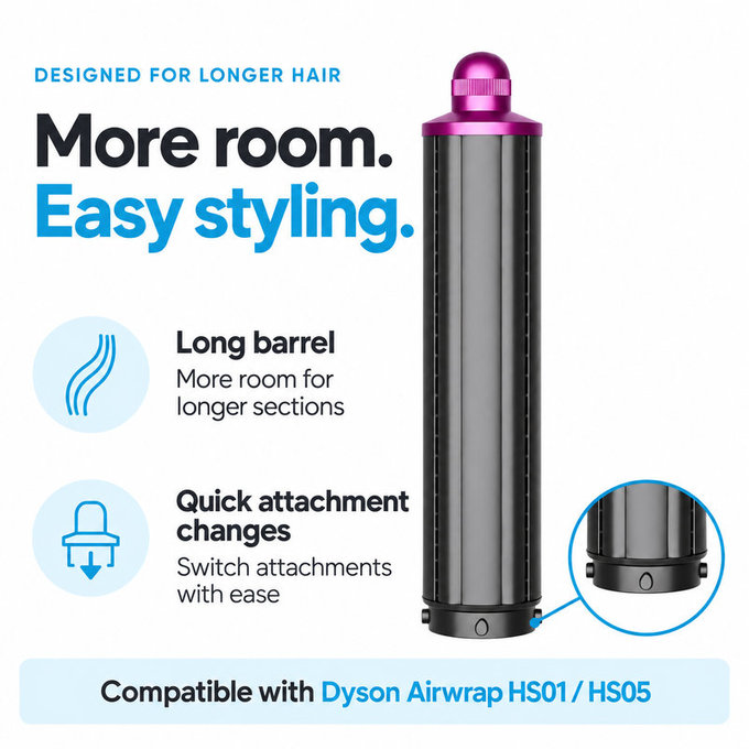 Dlouhý kulmovací nástavec pro Dyson Airwrap HS01, HS05, 40 mm, Nickel / Fuchsia