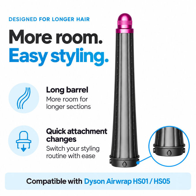 Dlouhý kulmovací nástavec pro Dyson Airwrap HS01, HS05, 20 mm, Nickel / Fuchsia