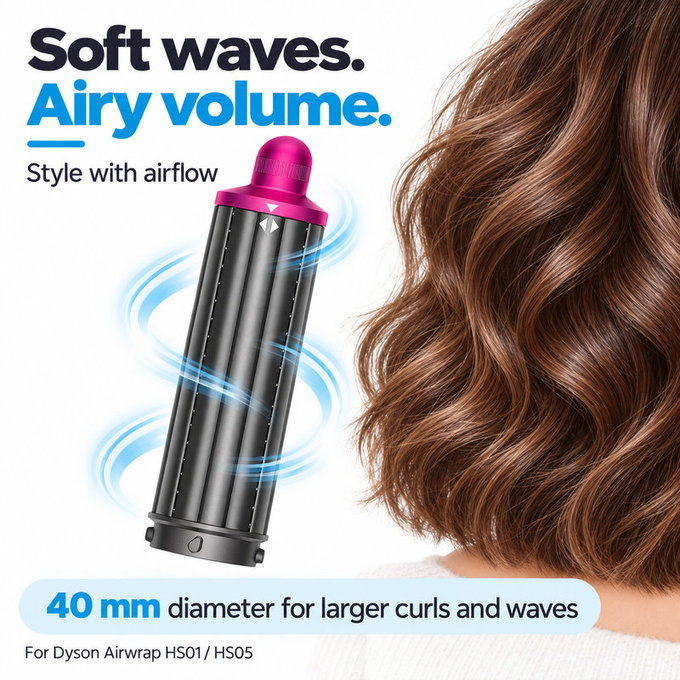 Krátký kulmovací nástavec pro Dyson Airwrap HS01, HS05, 40 mm, Nickel / Fuchsia