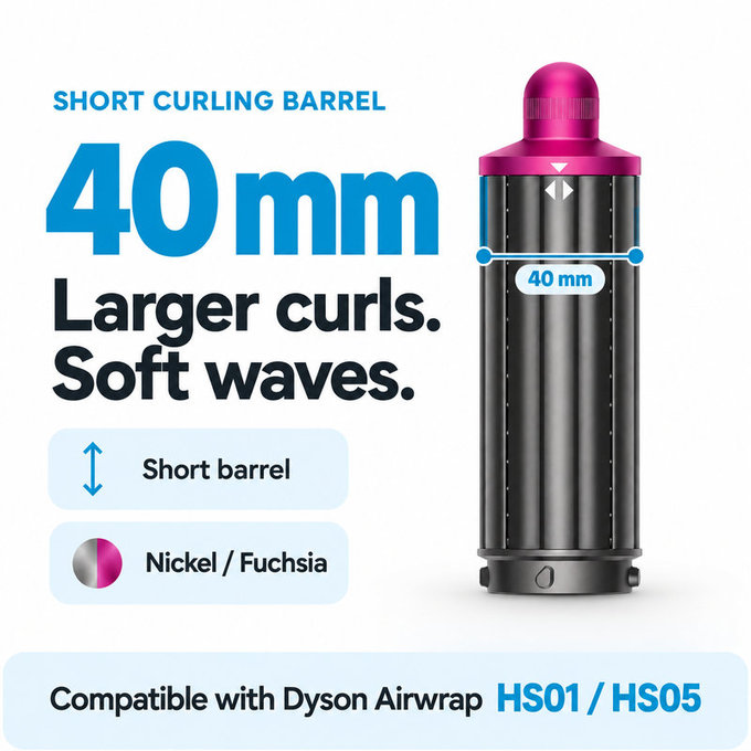 Krátký kulmovací nástavec pro Dyson Airwrap HS01, HS05, 40 mm, Nickel / Fuchsia