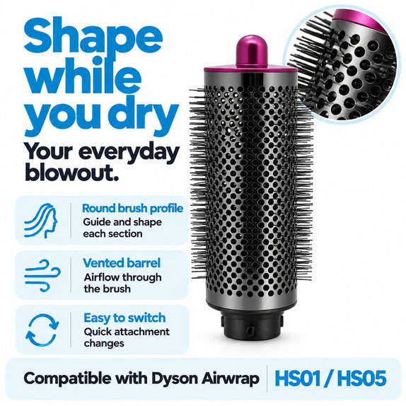 Velký kulatý kartáč pro objem pro Dyson Airwrap HS01, HS05, Iron / Fuchsia