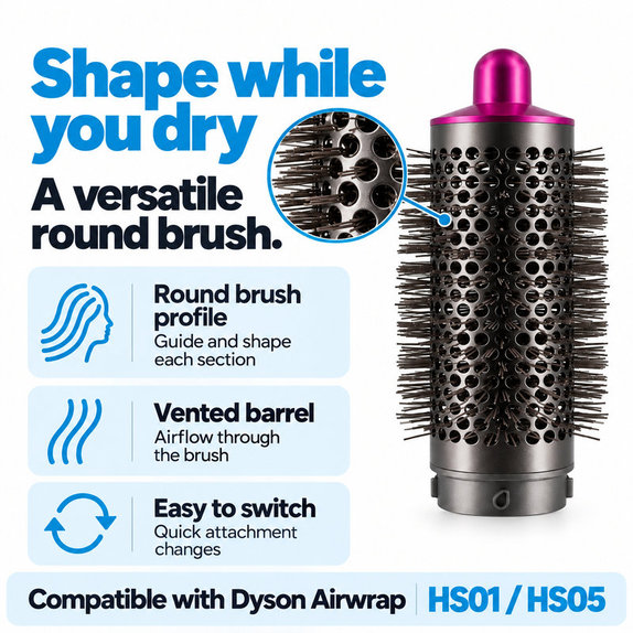 Střední kulatý kartáč pro objem pro Dyson Airwrap HS01, HS05, Iron / Fuchsia