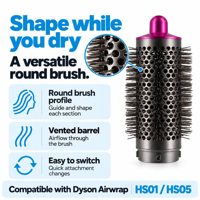 Střední kulatý kartáč pro objem pro Dyson Airwrap HS01, HS05, Iron / Fuchsia