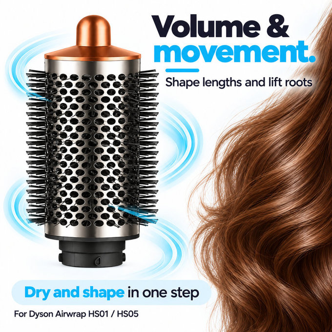 Velký kulatý kartáč pro objem pro Dyson Airwrap HS01, HS05, Nickel / Copper
