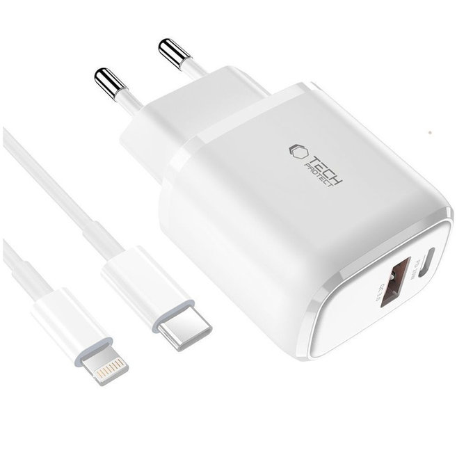 Síťová nabíječka C20W 2-PORT PD 20W / QC3.0 + Lightning Cable, bílá, Tech-Protect