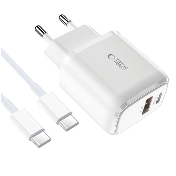 Síťová nabíječka C20W 2-PORT PD 20W / QC3.0 + USB-C Cable, bílá, Tech-Protect
