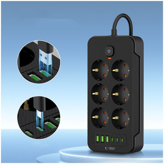 Síťová nabíječka PC6X6 Power Strip 3 USB & 3 USB-C & 6 Socket 200cm, černá, Tech-Protect