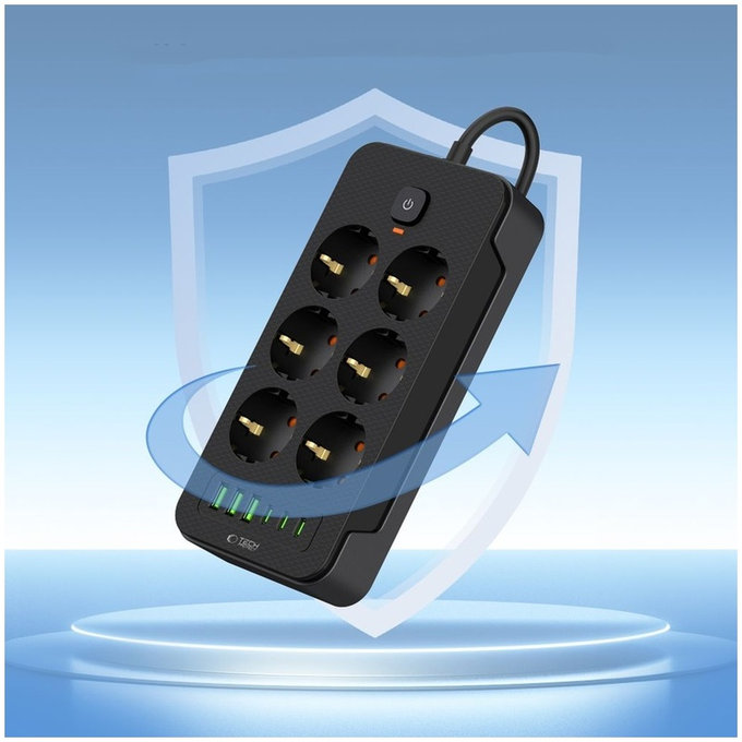 Síťová nabíječka PC6X6 Power Strip 3 USB & 3 USB-C & 6 Socket 200cm, černá, Tech-Protect
